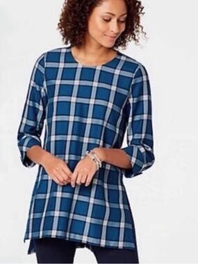 J Jill Atlantic Plaid Tunic Top High Low blue white gray 3/4" sleeves size M